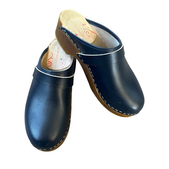 Vintage Shoes - Vintage Wooden Sole Navy Leather Slip On Scandinavian Style Clogs EU 40 USA 9